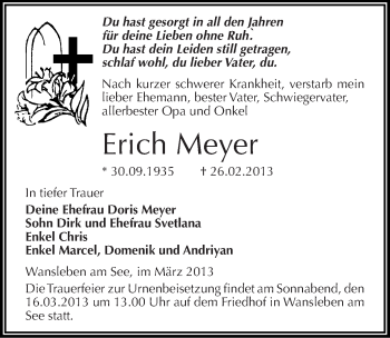 Traueranzeige von Erich Meyer von Mitteldeutsche Zeitung Mansfelder Land