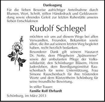 Traueranzeige von Rudolf Schlegel von Mitteldeutsche Zeitung Naumburg/Nebra