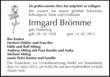 Traueranzeige von Irmgard Brömme von Mitteldeutsche Zeitung Halle/Saalkreis