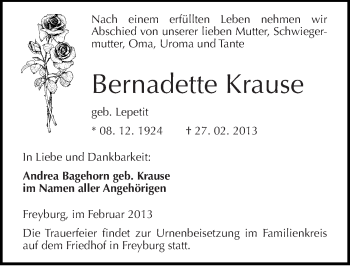 Traueranzeige von Bernadette Krause von Mitteldeutsche Zeitung Naumburg/Nebra