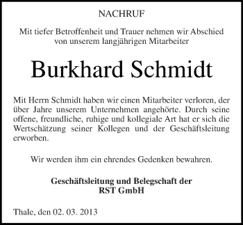 Traueranzeige von Burkhard Schmidt von Mitteldeutsche Zeitung Quedlinburg