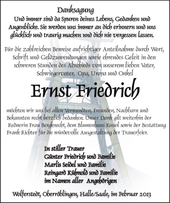Traueranzeige von Ernst Friedrich von Mitteldeutsche Zeitung Sangerhausen