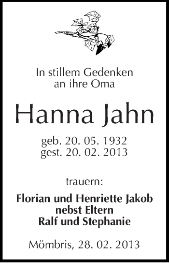 Traueranzeige von Hanna Jahn von Mitteldeutsche Zeitung Weißenfels