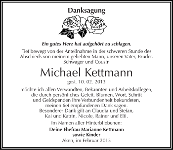 Traueranzeige von Michael Kettmann von Mitteldeutsche Zeitung Köthen