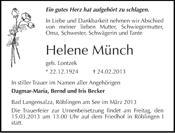 Traueranzeige von Helene Münch von Mitteldeutsche Zeitung Mansfelder Land
