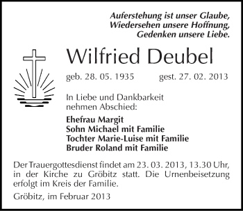 Traueranzeige von Wilfried Deubel von Mitteldeutsche Zeitung Weißenfels