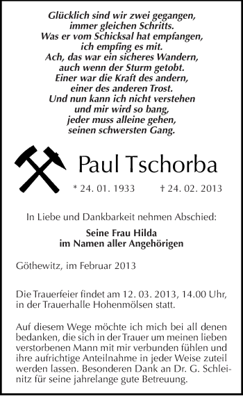 Traueranzeige von Paul Tschorba von Mitteldeutsche Zeitung Weißenfels