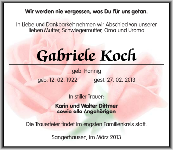 Traueranzeige von Gabriele Koch von Mitteldeutsche Zeitung Sangerhausen