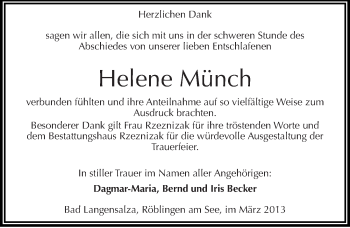Traueranzeige von Helene Münch von Mitteldeutsche Zeitung Mansfelder Land