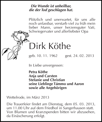 Traueranzeige von Dirk Köthe von Mitteldeutsche Zeitung Sangerhausen