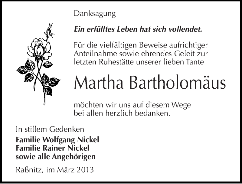  Traueranzeige für Martha Bartholomäus vom 02.03.2013 aus Mitteldeutsche Zeitung Merseburg/Querfurt