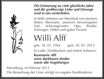 Traueranzeige von Willi Alff von Mitteldeutsche Zeitung Merseburg/Querfurt