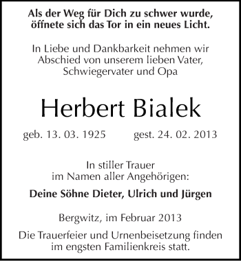 Traueranzeige von Herbert Bialek von Mitteldeutsche Zeitung Wittenberg