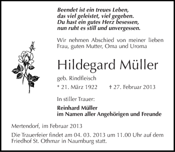 Traueranzeige von Hildegard Müller von Mitteldeutsche Zeitung Naumburg/Nebra