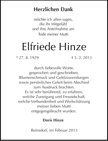 Traueranzeige von Elfriede Hinze von Mitteldeutsche Zeitung Wittenberg