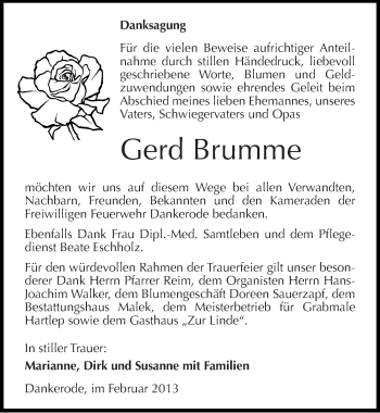 Traueranzeige von Gerd Brumme von Mitteldeutsche Zeitung Quedlinburg