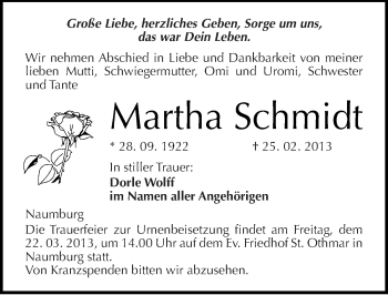 Traueranzeige von Martha Schmidt von Mitteldeutsche Zeitung Naumburg/Nebra