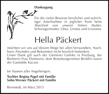 Traueranzeige von Hella Päckert von Mitteldeutsche Zeitung Mansfelder Land