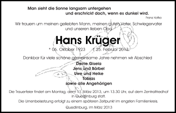 Traueranzeige von Hans Krüger von Mitteldeutsche Zeitung Quedlinburg