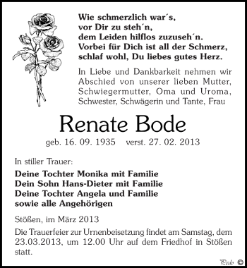 Traueranzeige von Renate Bode von Mitteldeutsche Zeitung Naumburg/Nebra