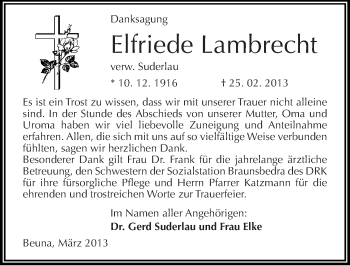 Traueranzeige von Elfriede Lambrecht von Mitteldeutsche Zeitung Merseburg/Querfurt