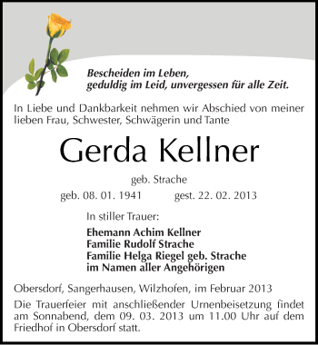 Traueranzeige von Gerda Kellner von Mitteldeutsche Zeitung Sangerhausen