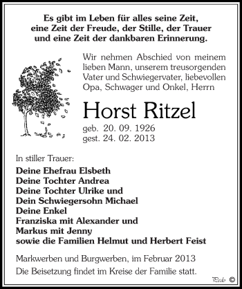Traueranzeige von Horst Ritzel von Mitteldeutsche Zeitung Weißenfels