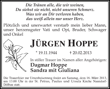 Traueranzeige von Jürgen Hoppe von Mitteldeutsche Zeitung Halle/Saalkreis