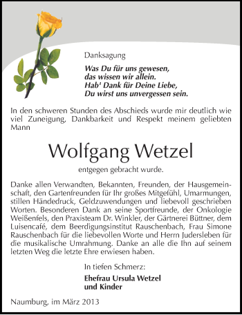 Traueranzeige von Wolfgang Wetzel von Mitteldeutsche Zeitung Naumburg/Nebra