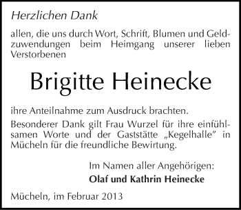 Traueranzeige von Brigitte Heinecke von Mitteldeutsche Zeitung Merseburg/Querfurt