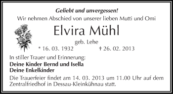 Traueranzeige von Elvira Mühl von Mitteldeutsche Zeitung Dessau-Roßlau