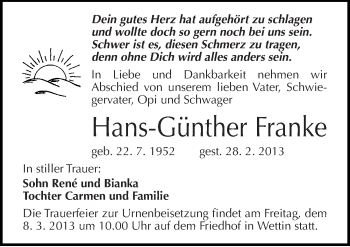 Traueranzeige von Hans-Günther Franke von Mitteldeutsche Zeitung Halle/Saalkreis