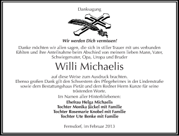 Traueranzeige von Willi Michaelis von Mitteldeutsche Zeitung Köthen