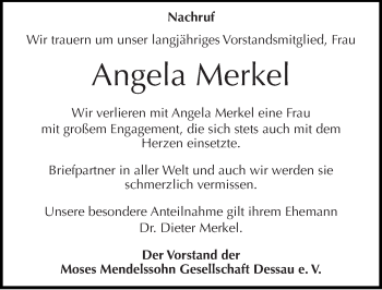 Traueranzeige von Angela Merkel von Mitteldeutsche Zeitung Dessau-Roßlau