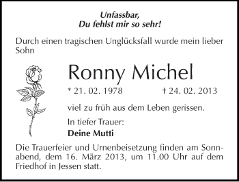 Traueranzeige von Ronny Michel von Mitteldeutsche Zeitung Wittenberg