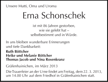 Traueranzeige von Erna Schonschek von Mitteldeutsche Zeitung Wittenberg