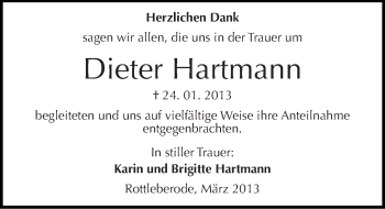 Traueranzeige von Dieter Hartmann von Mitteldeutsche Zeitung Sangerhausen