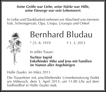 Traueranzeige von Bernhard Bludau von Mitteldeutsche Zeitung Halle/Saalkreis