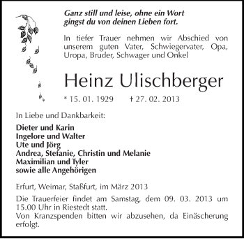 Traueranzeige von Heinz Ulischberger von Mitteldeutsche Zeitung Sangerhausen