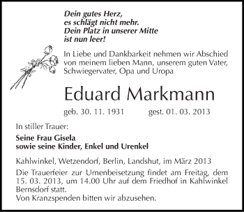 Traueranzeige von Eduard Markmann von Mitteldeutsche Zeitung Naumburg/Nebra