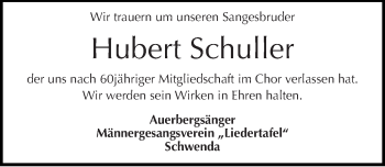 Traueranzeige von Hubert Schuller von Mitteldeutsche Zeitung Sangerhausen