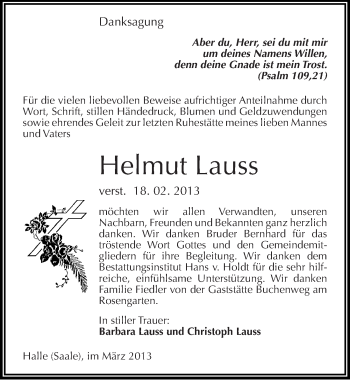Traueranzeige von Helmut Lauss von Mitteldeutsche Zeitung Halle/Saalkreis