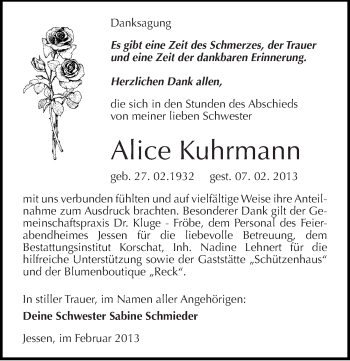 Traueranzeige von Alice Kuhrmann von Mitteldeutsche Zeitung Wittenberg