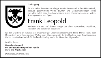 Traueranzeige von Frank Leopold von Mitteldeutsche Zeitung Quedlinburg