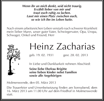 Traueranzeige von Heinz Zacharias von Mitteldeutsche Zeitung Mansfelder Land