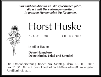 Traueranzeige von Horst Huske von Mitteldeutsche Zeitung Halle/Saalkreis
