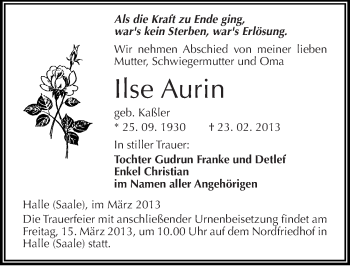 Traueranzeige von Ilse Aurin von Mitteldeutsche Zeitung Halle/Saalkreis