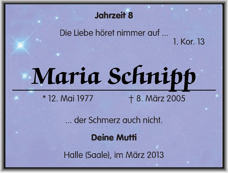  Traueranzeige für Maria Schnipp vom 08.03.2013 aus Mitteldeutsche Zeitung Halle/Saalkreis
