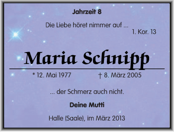 Traueranzeige von Maria Schnipp von Mitteldeutsche Zeitung Halle/Saalkreis