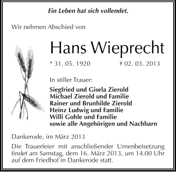 Traueranzeige von Hans Wieprecht von Mitteldeutsche Zeitung Quedlinburg